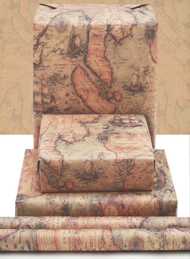AirCool Vintage Retro Map Wrapping Paper, Antique Mysterious Ocean Sea Far East World Old Map Sailing Boat Nautical Kraft Wrap 6 Sheets Folded Flat 20x29 inches per Sheet for Traveller Libraries Birthday - Image 3